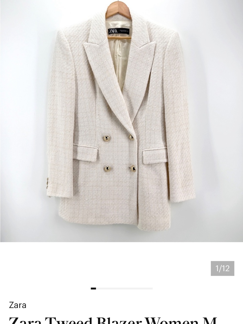 Zara Tweed Blazer Women M Cream Old Money Double Breasted Gold Crest Button